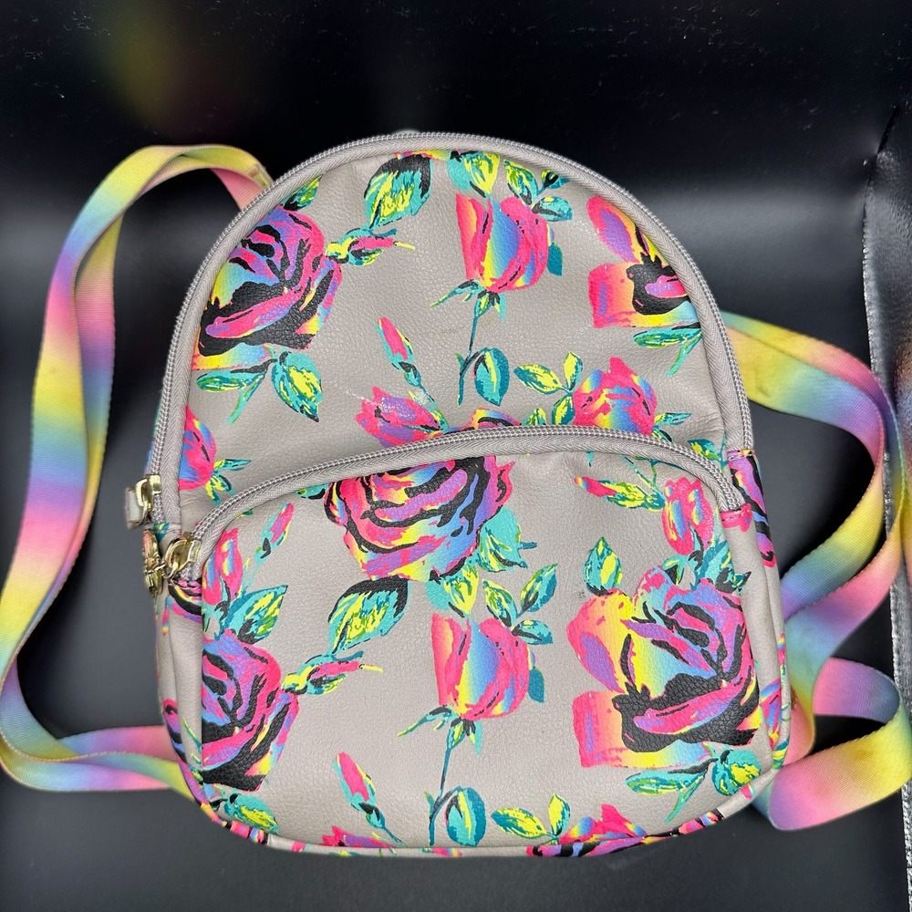 Luv Betsey by Betsey Johnson Backpack Mini Grey Floral Rainbow Backpack